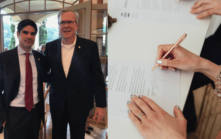 Composición sobre la consolidación de acuerdos, mostrando un encuentro oficial entre dos figuras políticas e institucionales a la izquierda, y el detalle de unas manos firmando un contrato formal a la derecha.