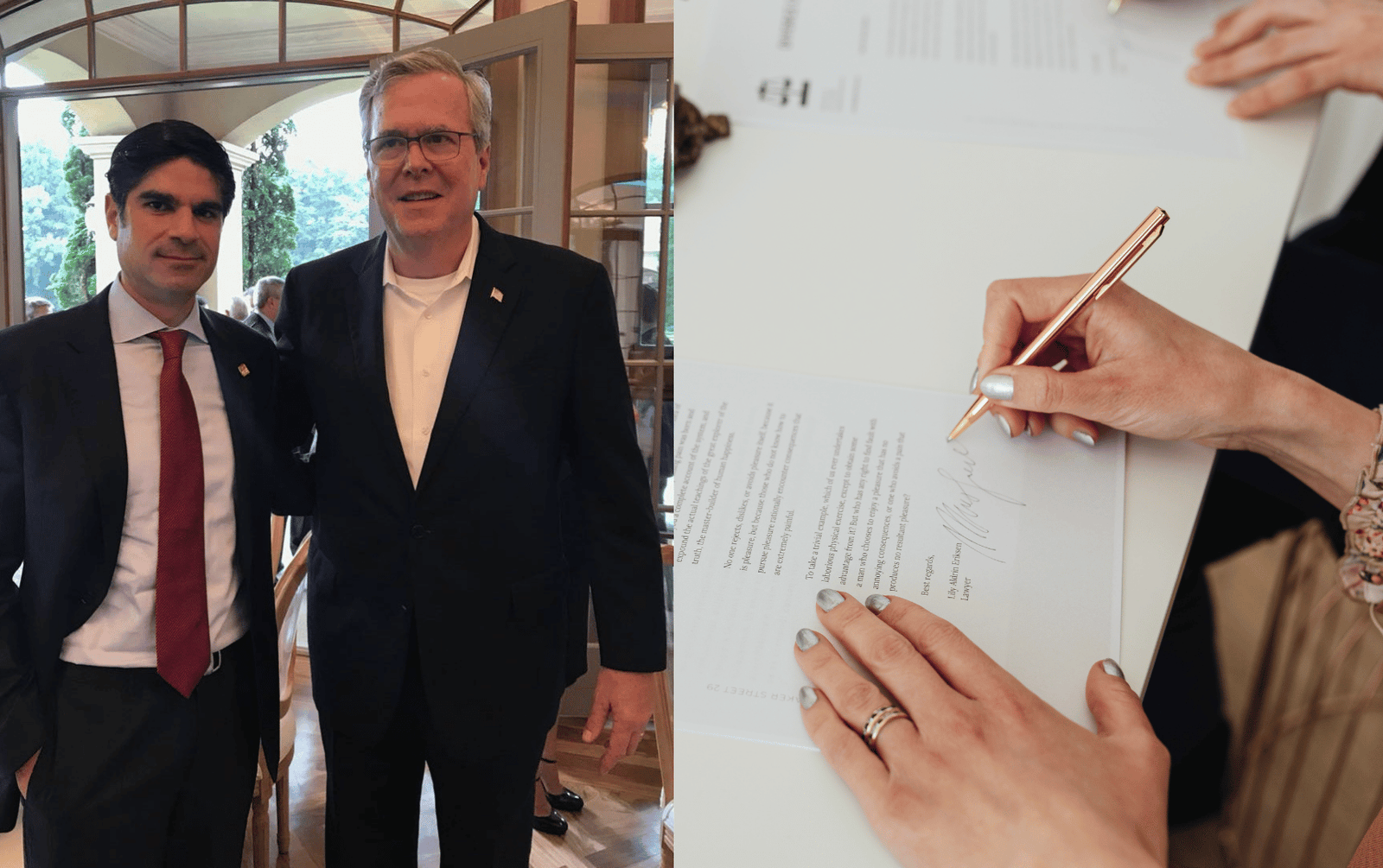 Composición sobre la consolidación de acuerdos, mostrando un encuentro oficial entre dos figuras políticas e institucionales a la izquierda, y el detalle de unas manos firmando un contrato formal a la derecha.