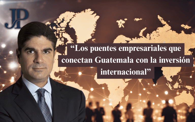 Gráfico corporativo de JP destacando los puentes empresariales que conectan a Guatemala con la inversión internacional, mostrando a un ejecutivo frente a un mapamundi de conexiones globales.