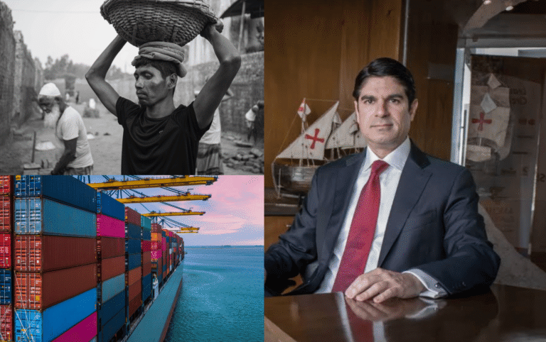 Composición sobre la cadena de suministro global y la economía, que contrasta el esfuerzo del trabajo manual y la logística de un buque portacontenedores con la figura de un ejecutivo corporativo liderando desde su oficina.