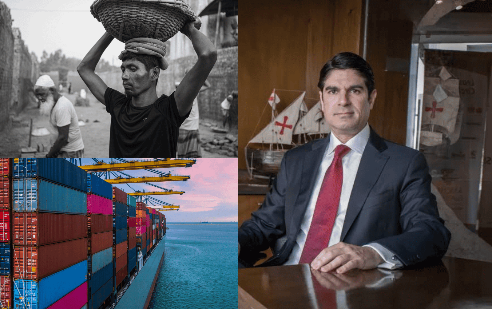 Composición sobre la cadena de suministro global y la economía, que contrasta el esfuerzo del trabajo manual y la logística de un buque portacontenedores con la figura de un ejecutivo corporativo liderando desde su oficina.